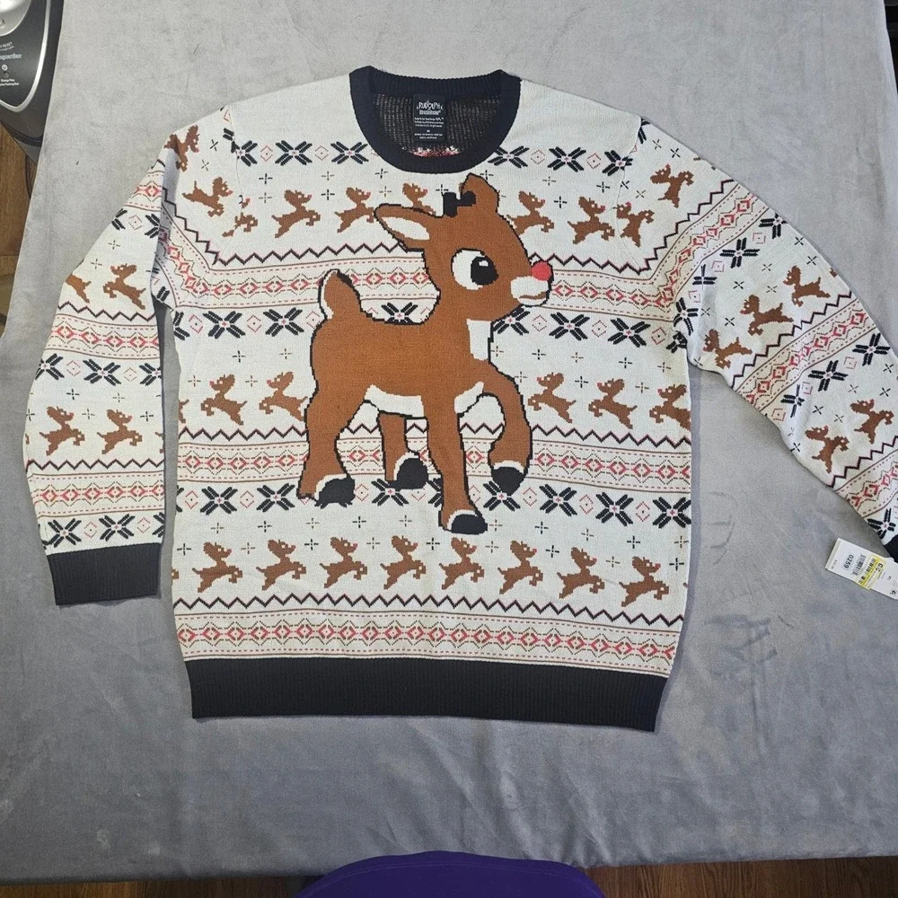 Rudolph the Red-Nosed Reindeer Mens XL‎ Sweater Fair Isle White